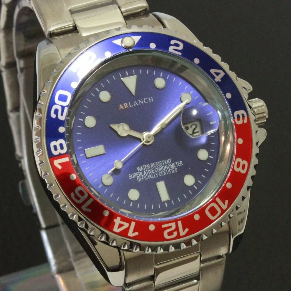 Men's Diver Style Watch Pepsi Bezel Stainless Bracelet 40mm